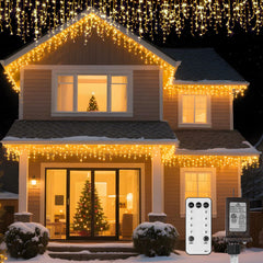 TOPPORTED icicle lights front view showing full 118ft curtain and dense warm glow