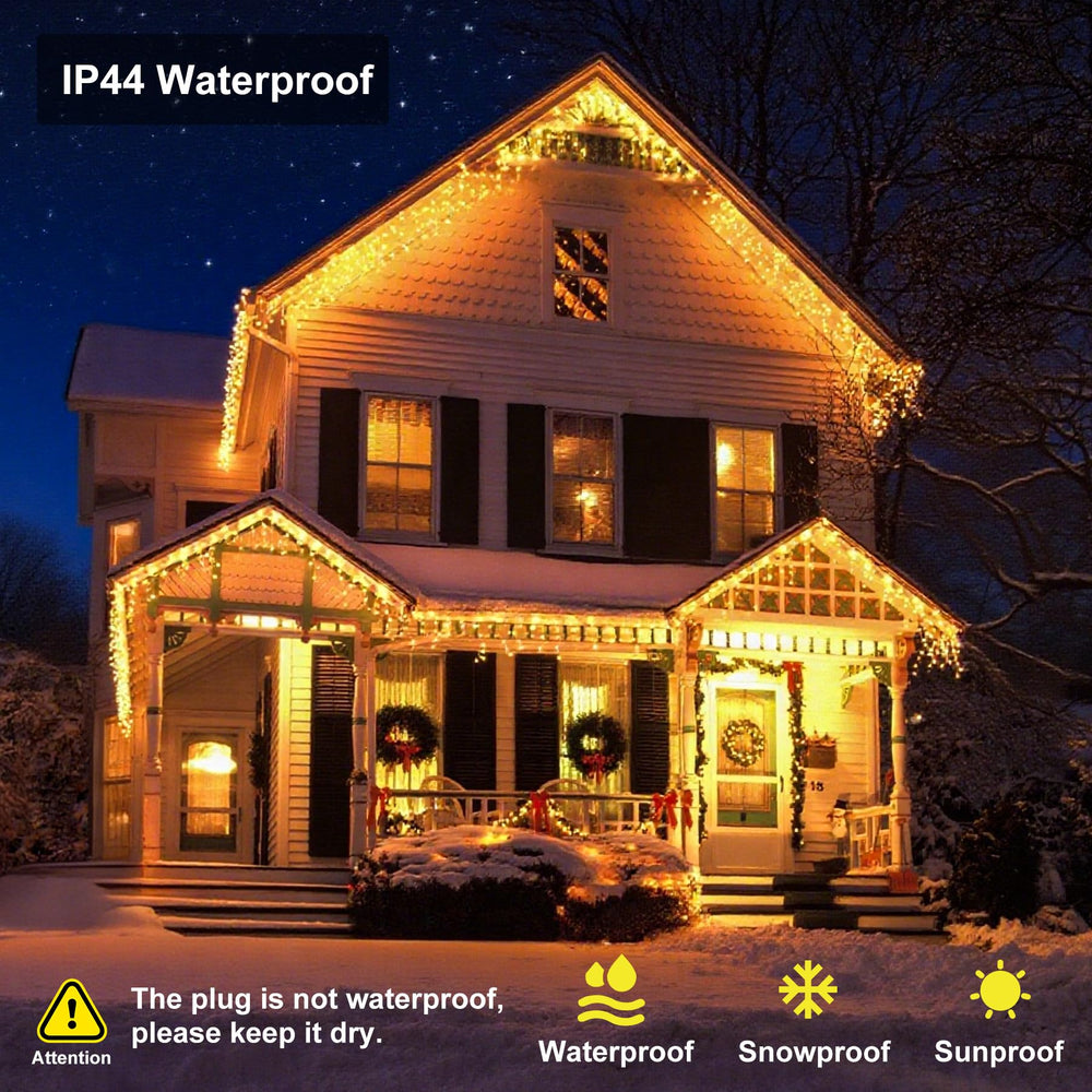 TOPPORTED curtain lights hung on house roofline creating tidy festive curb appeal