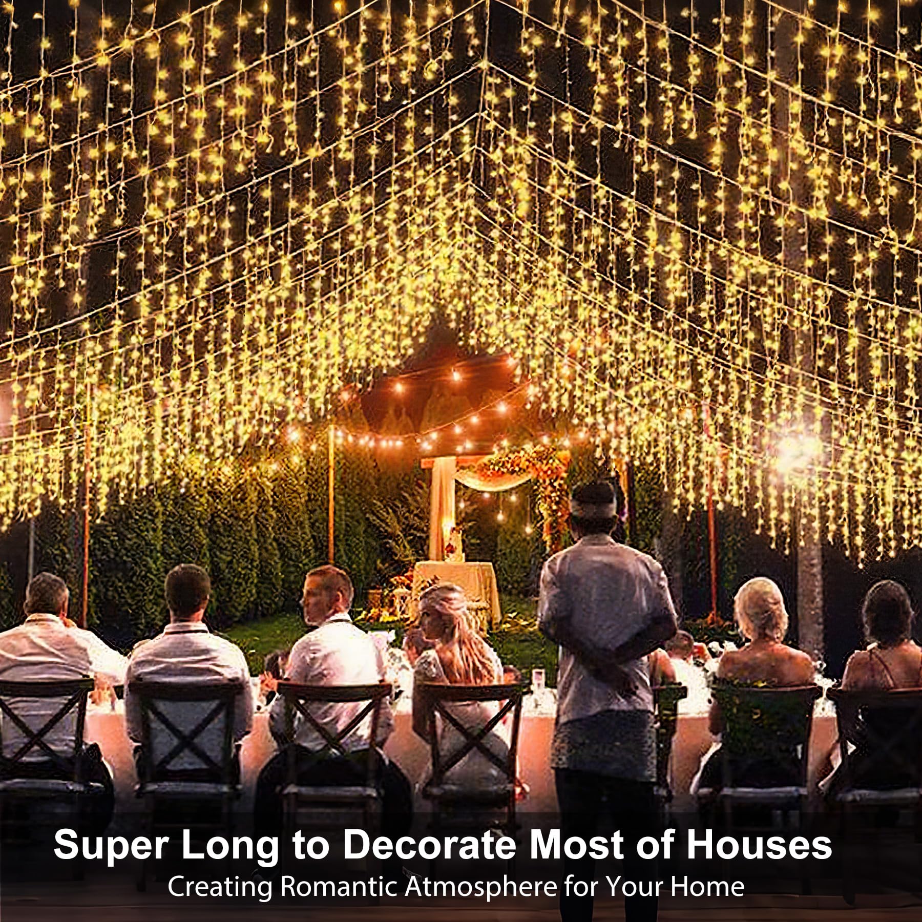 TOPPORTED night lawn display with icicle lights creating warm, inviting atmosphere