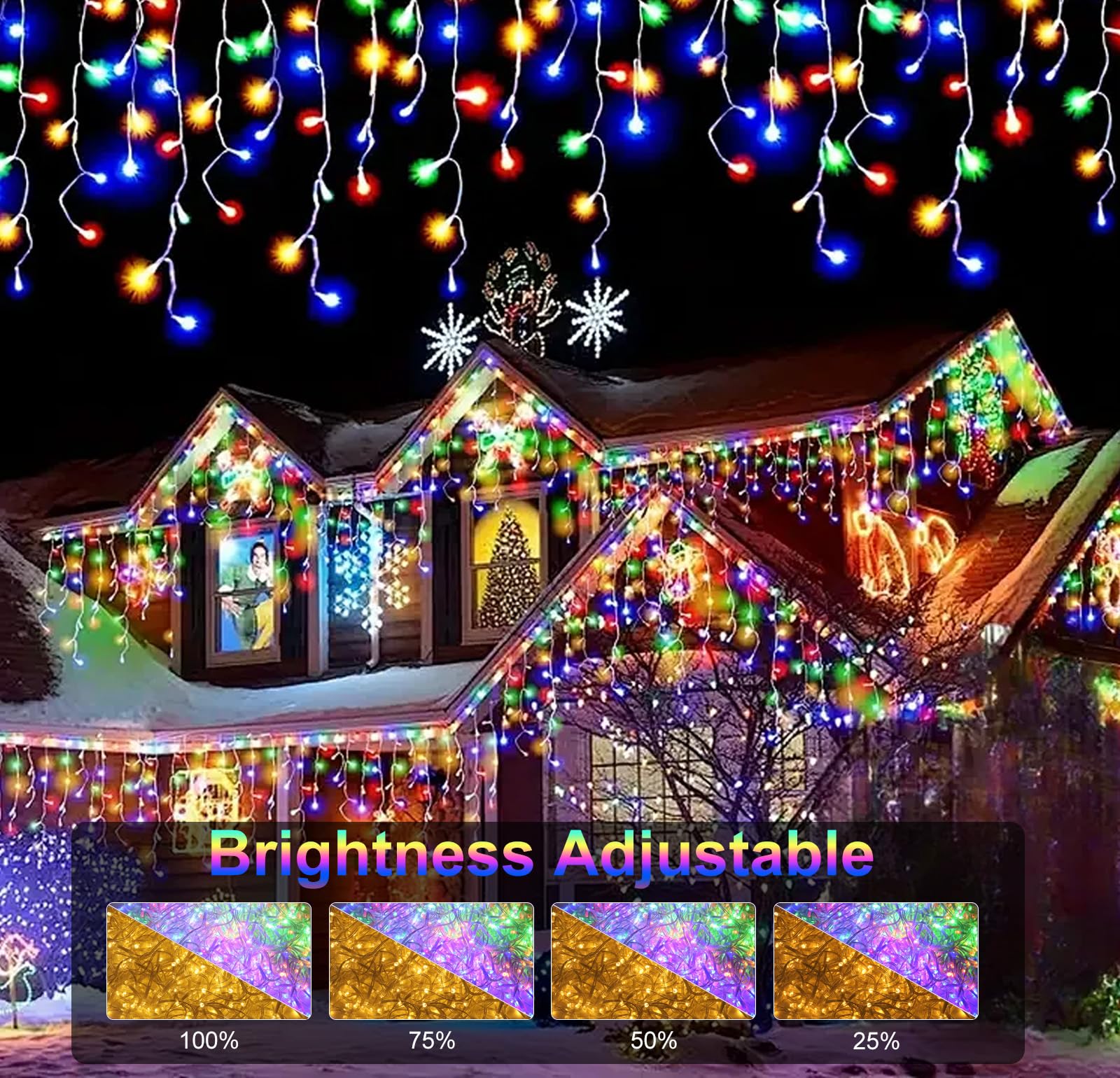TOPPORTED mounted on roofline at night creating festive curb appeal