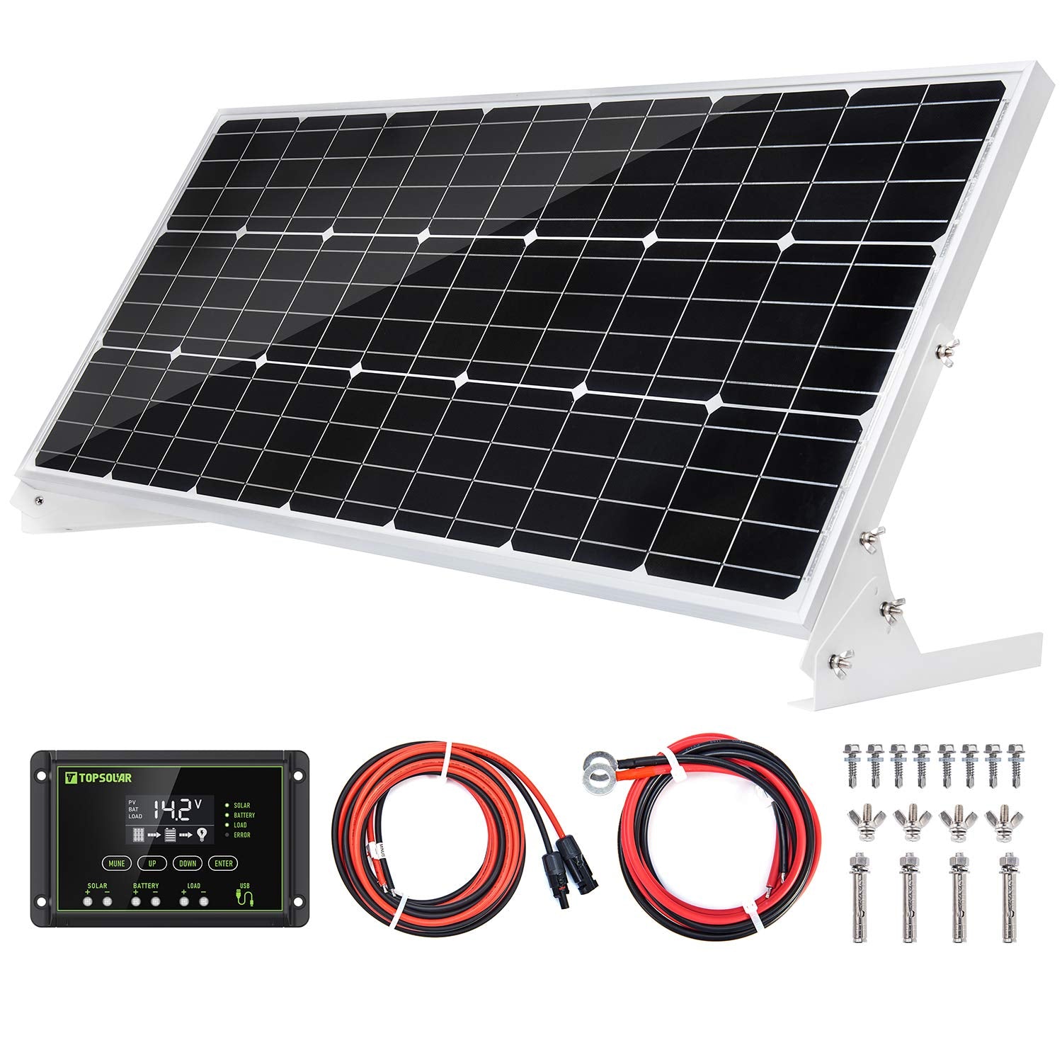 Topsolar 100W panel front view showing framed solar cells and weatherproof benefits