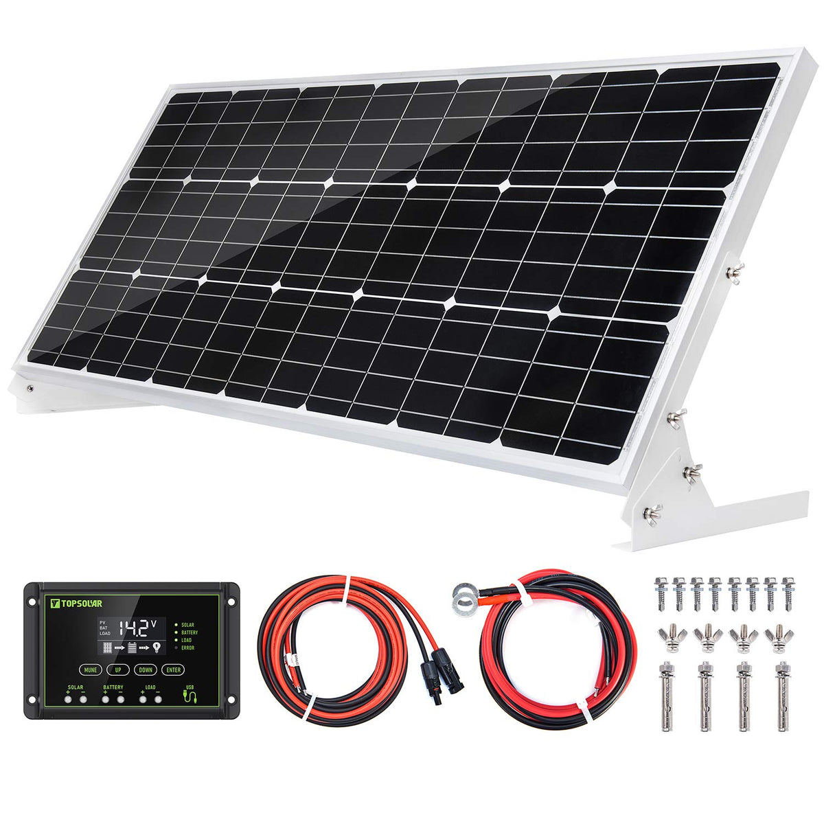 Topsolar 100W panel front view showing framed solar cells and weatherproof benefits