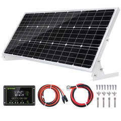 Topsolar 100W panel front view showing framed solar cells and weatherproof benefits