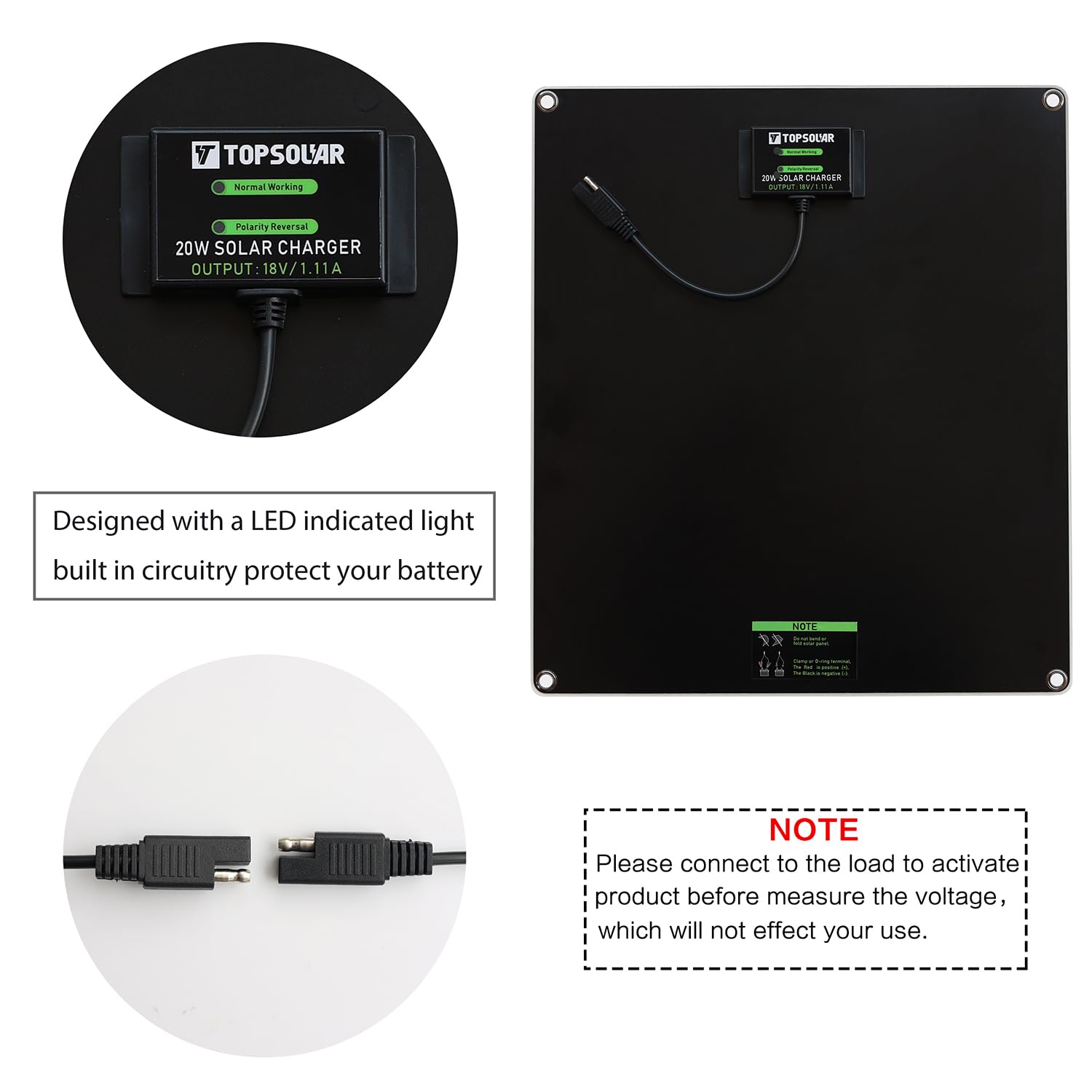 Topsolar junction box close-up showing safety circuit and overcharge protection