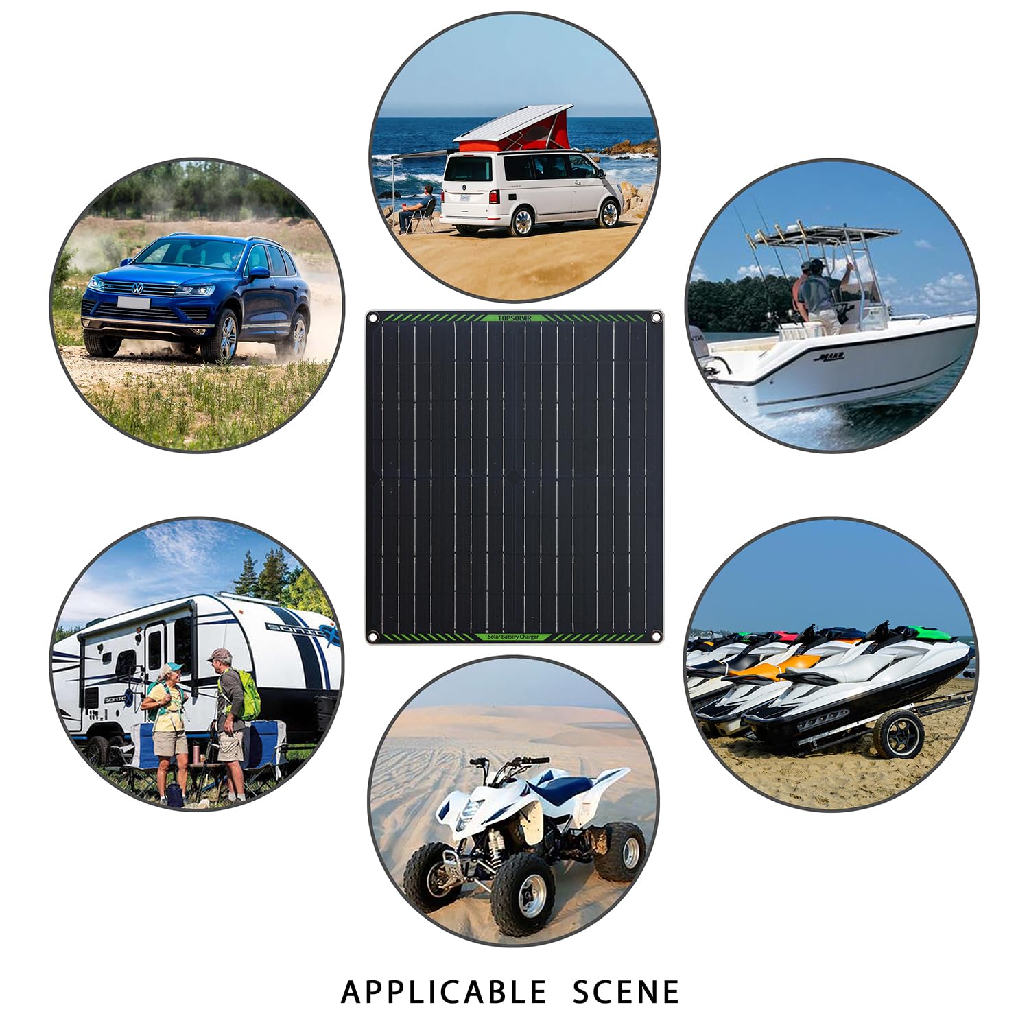 Topsolar panel placed on RV roof in sunlight keeping batteries maintained