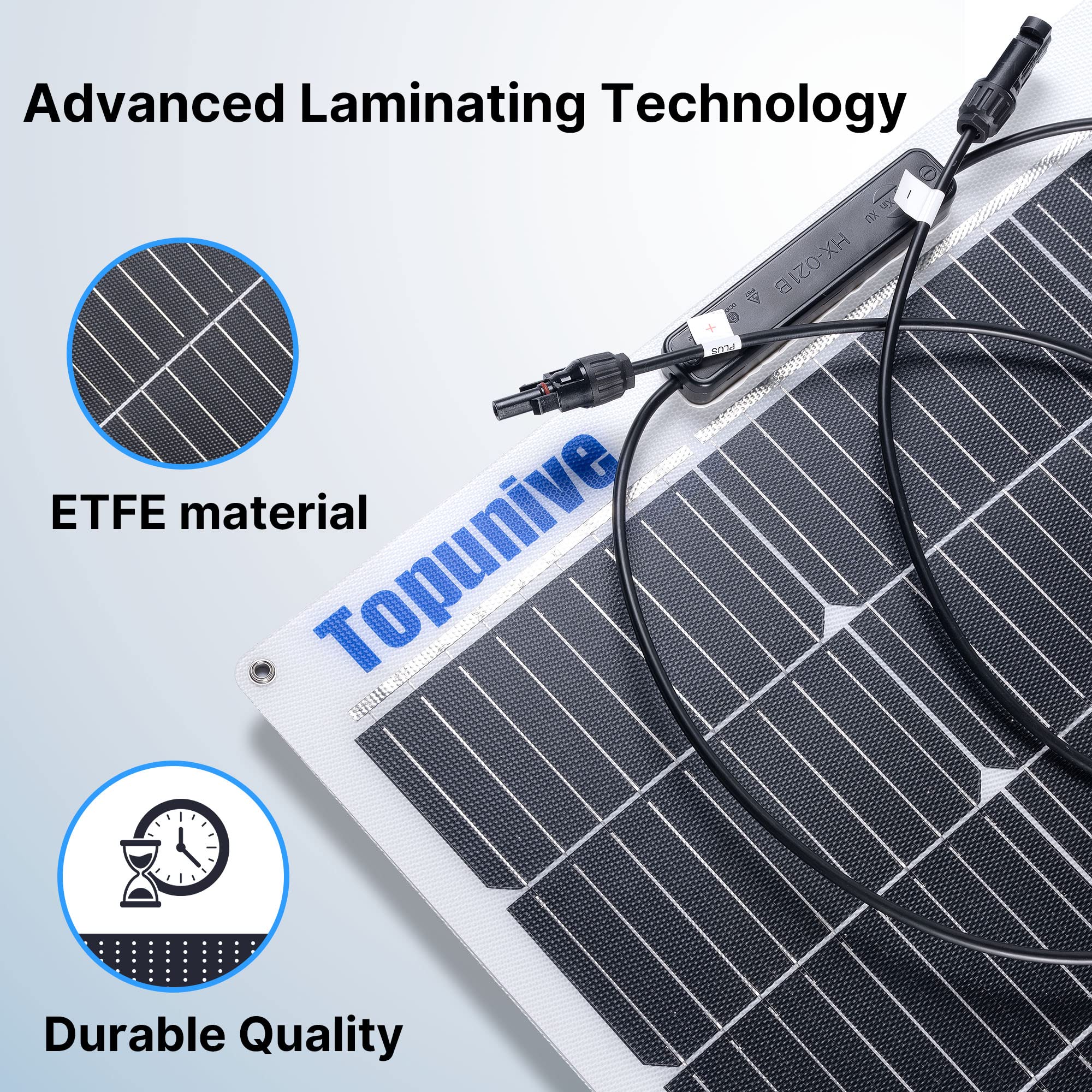 Topunive panel conforming to curved RV roof for low-profile solar integration