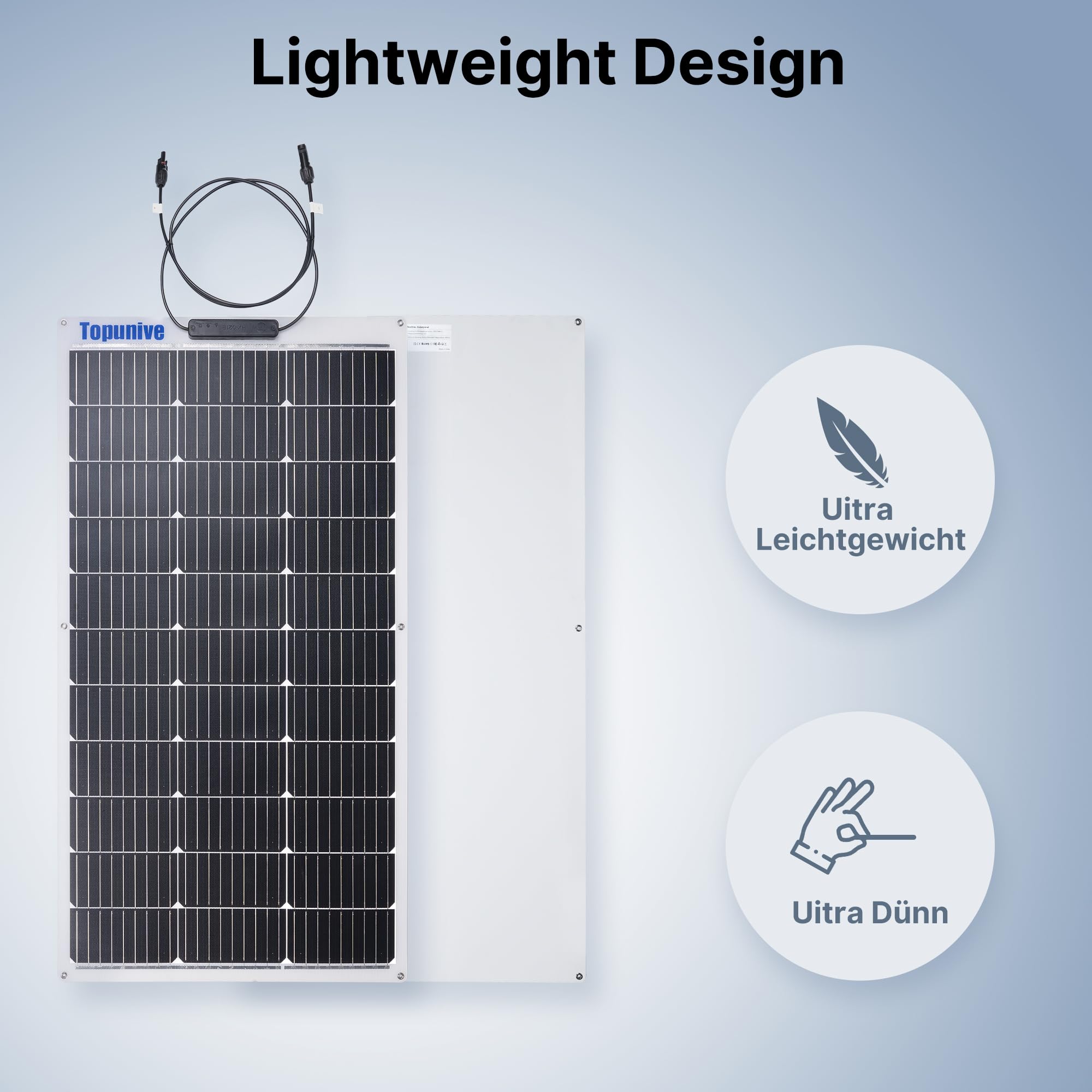 Topunive panel thin profile next to hand demonstrating lightweight transport