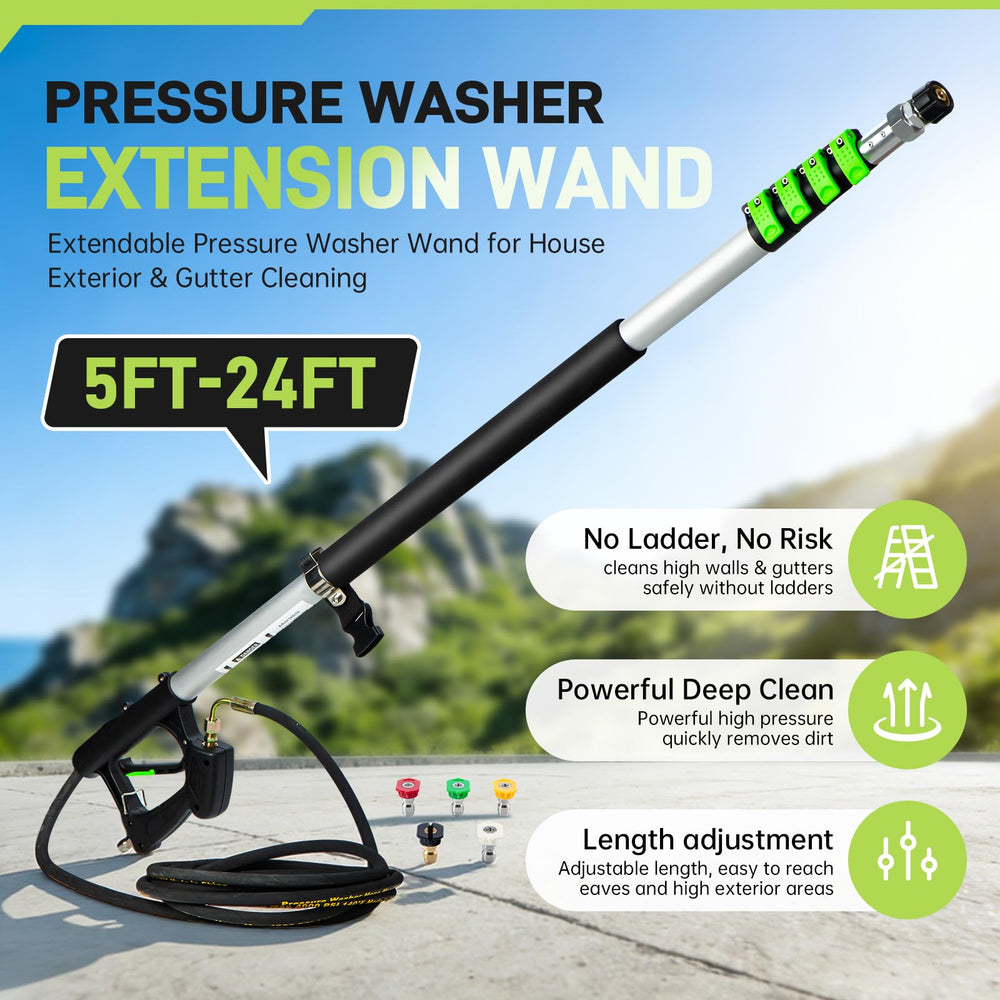TOR wand fully extended reaching rooftop to reach gutters safely from ground