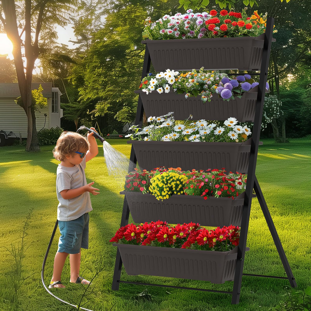 TOREVSIOR front view of elevated planter showing five stacked tiers and space-saving benefit