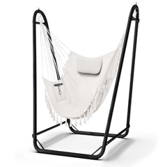 TOREVSIOR front view of hammock chair and stand showing set-up and comfort