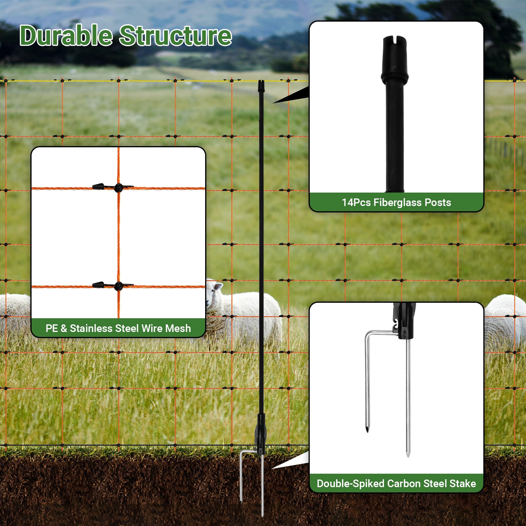 Toriexon fiberglass post and double-spiked steel stake for secure anchoring