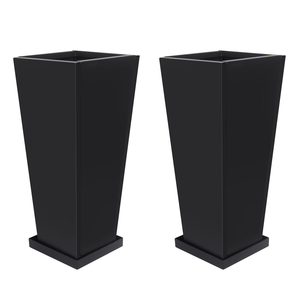 Toriexon front view of two tall metal planters showing sleek modern profile and durability