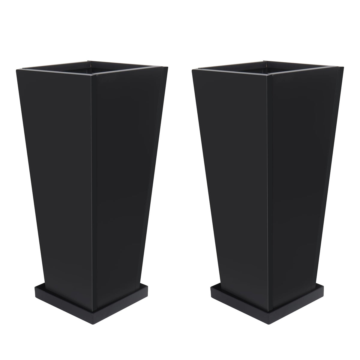 Toriexon front view of two tall metal planters showing sleek modern profile and durability
