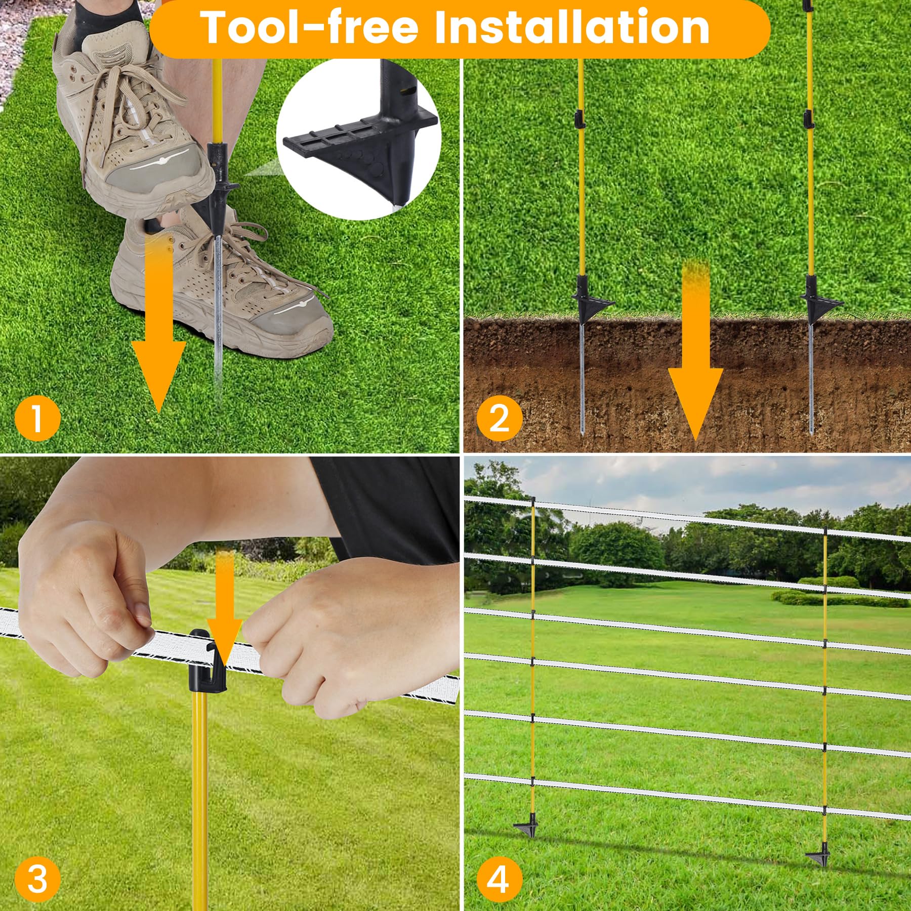 Toriexon multiple posts lined creating a temporary electric fence boundary