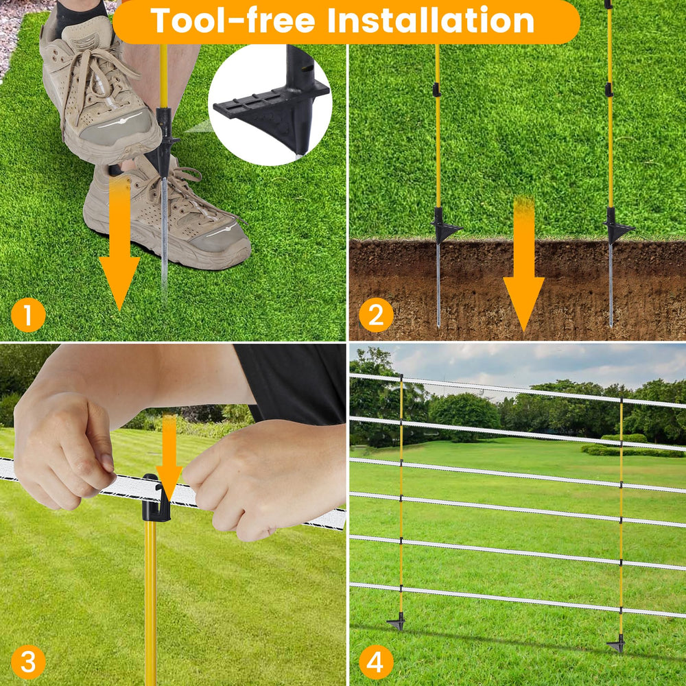 Toriexon multiple posts lined creating a temporary electric fence boundary
