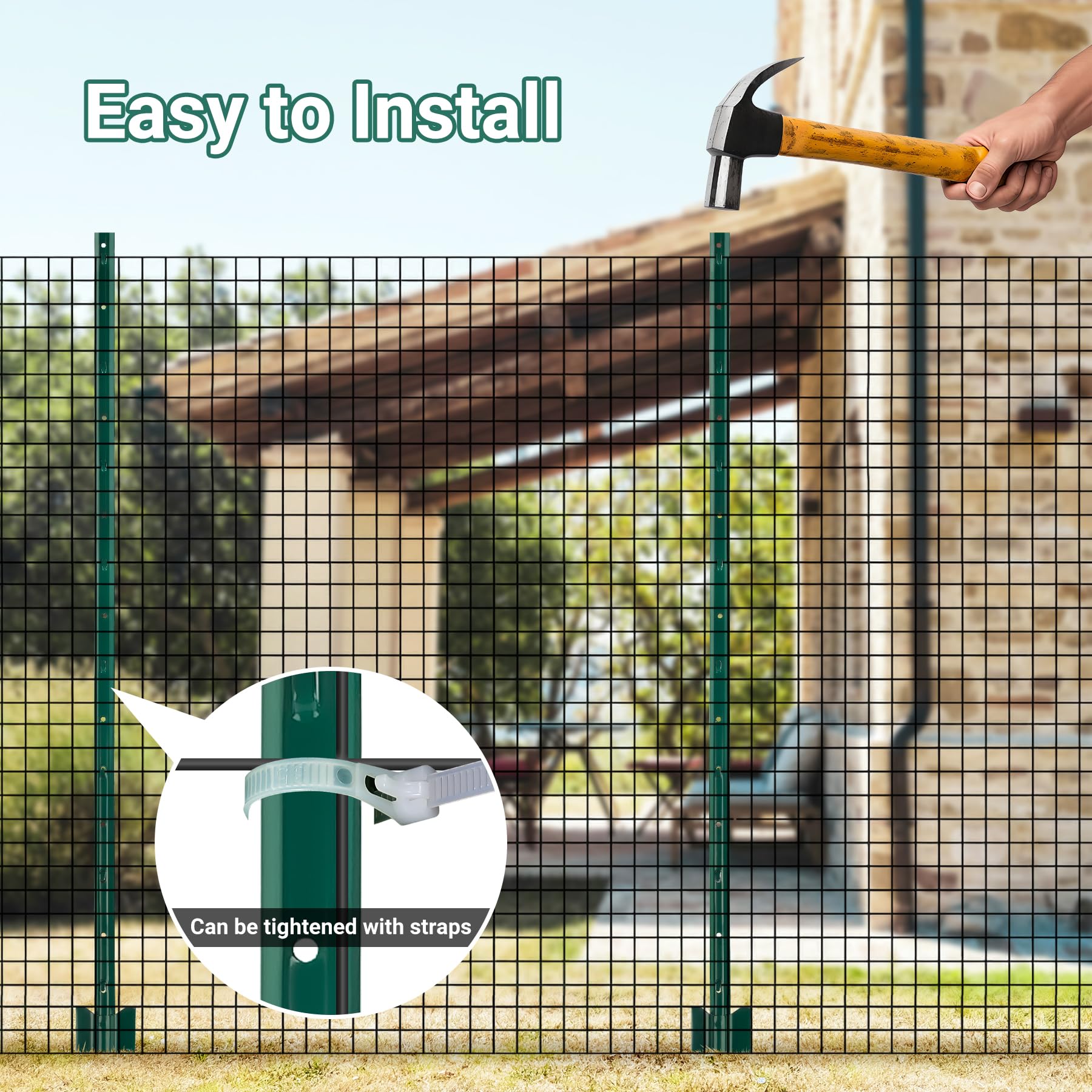 Toriexon U post holding rolled wire fence tightly for secure perimeter