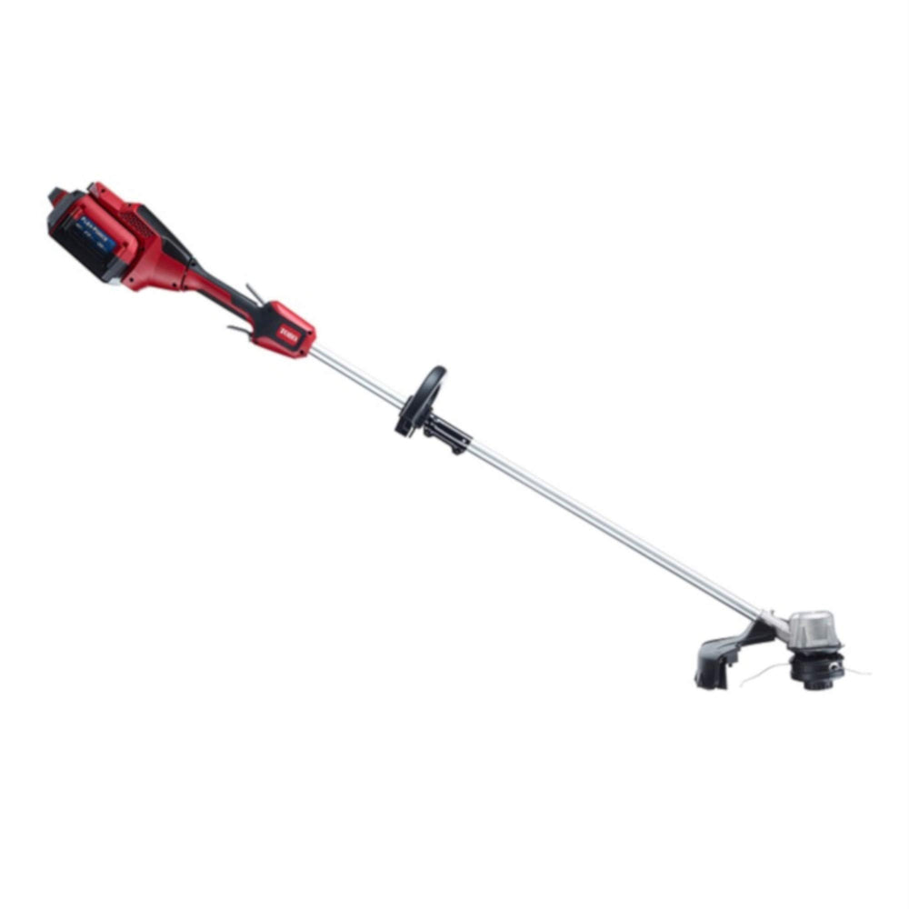 Toro trimmer front angle showing design and ready-to-use battery, for efficient cordless trimming