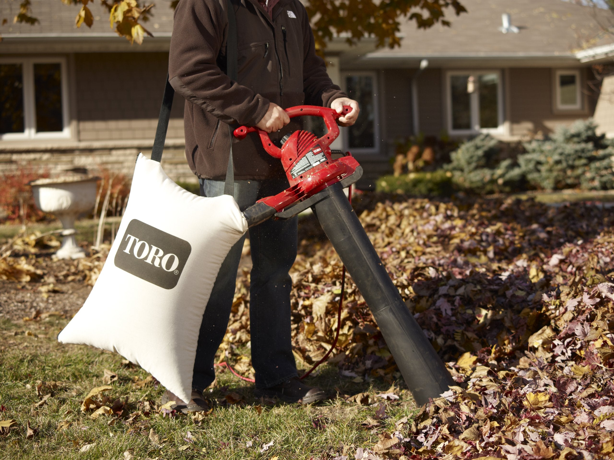 Toro vacuum setup with collection bag demonstrating neat debris capture and easy changeover