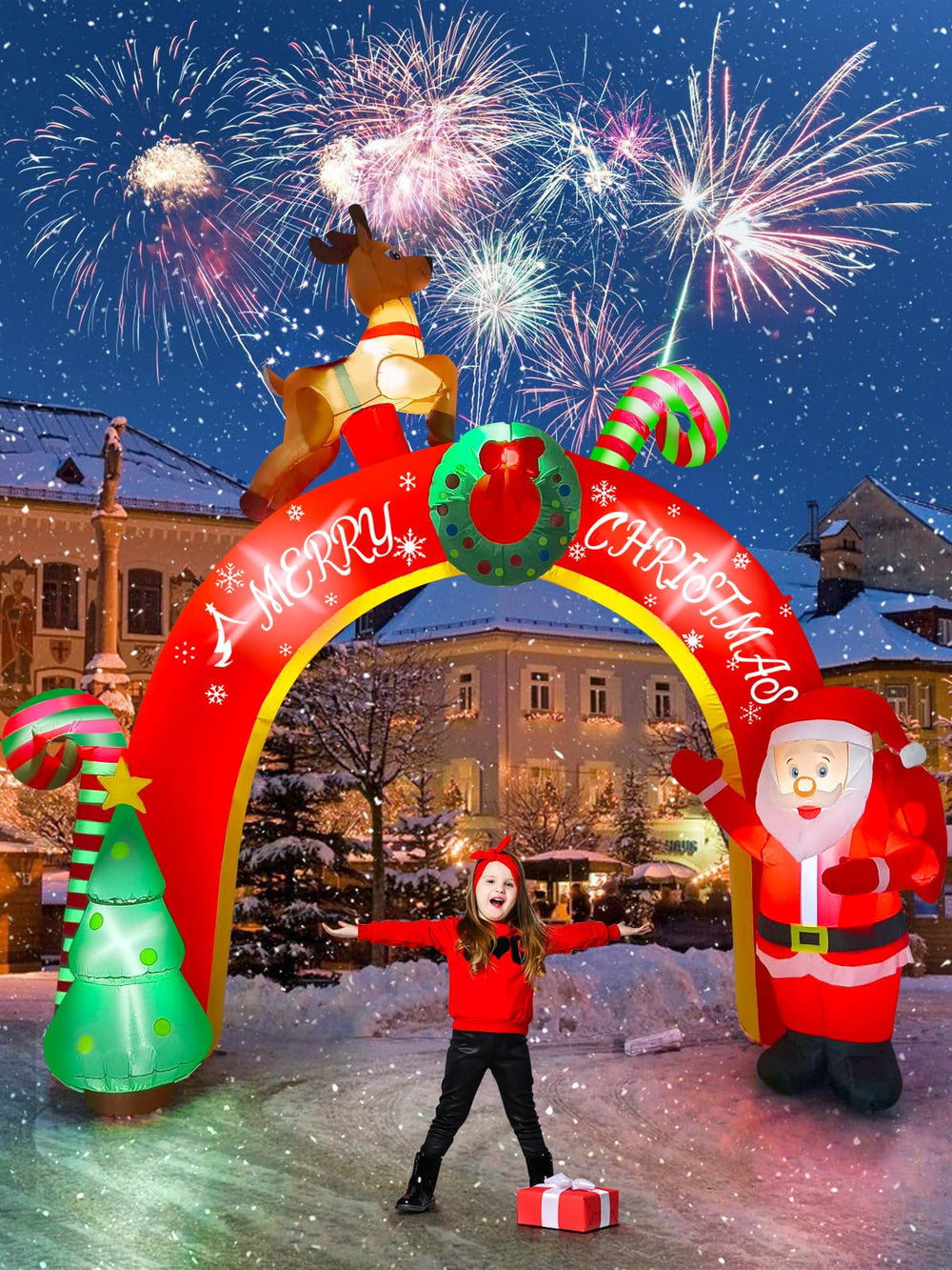 TOROKOM inflatable lit in a front yard providing a cheerful holiday welcome