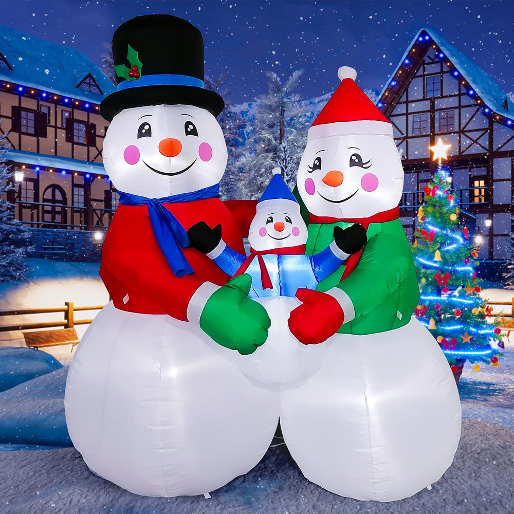 TOROKOM front view showing 6ft snowman family and cheerful curb appeal