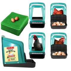 Tossca front view of five nesting boxes showing organized egg collection benefit