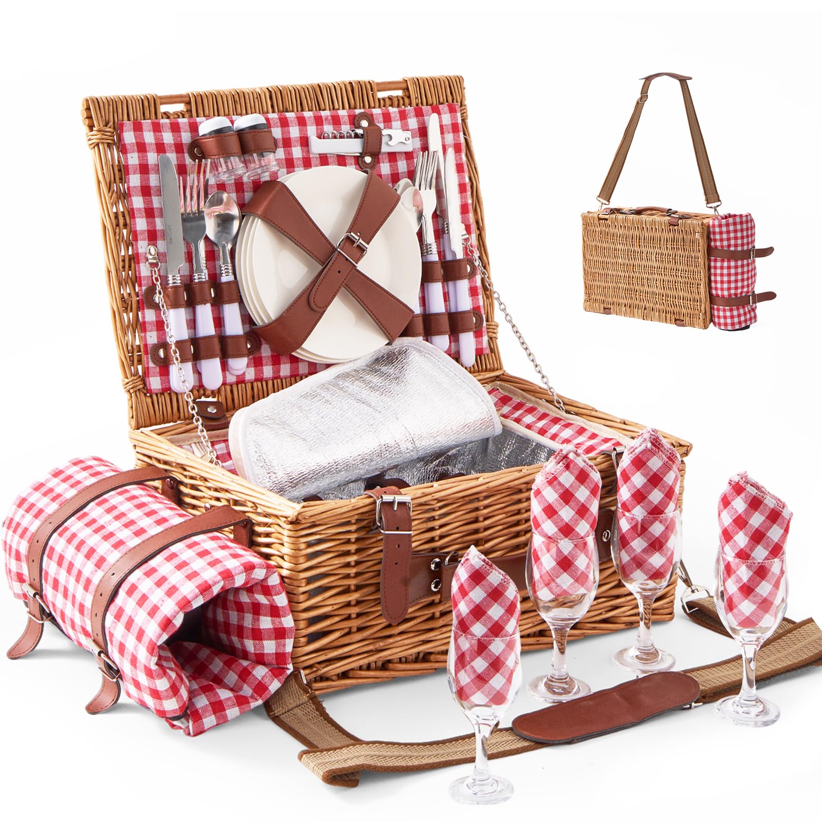 TOSTOOIRX front view of wicker picnic basket shows compact design and ready-to-gift look