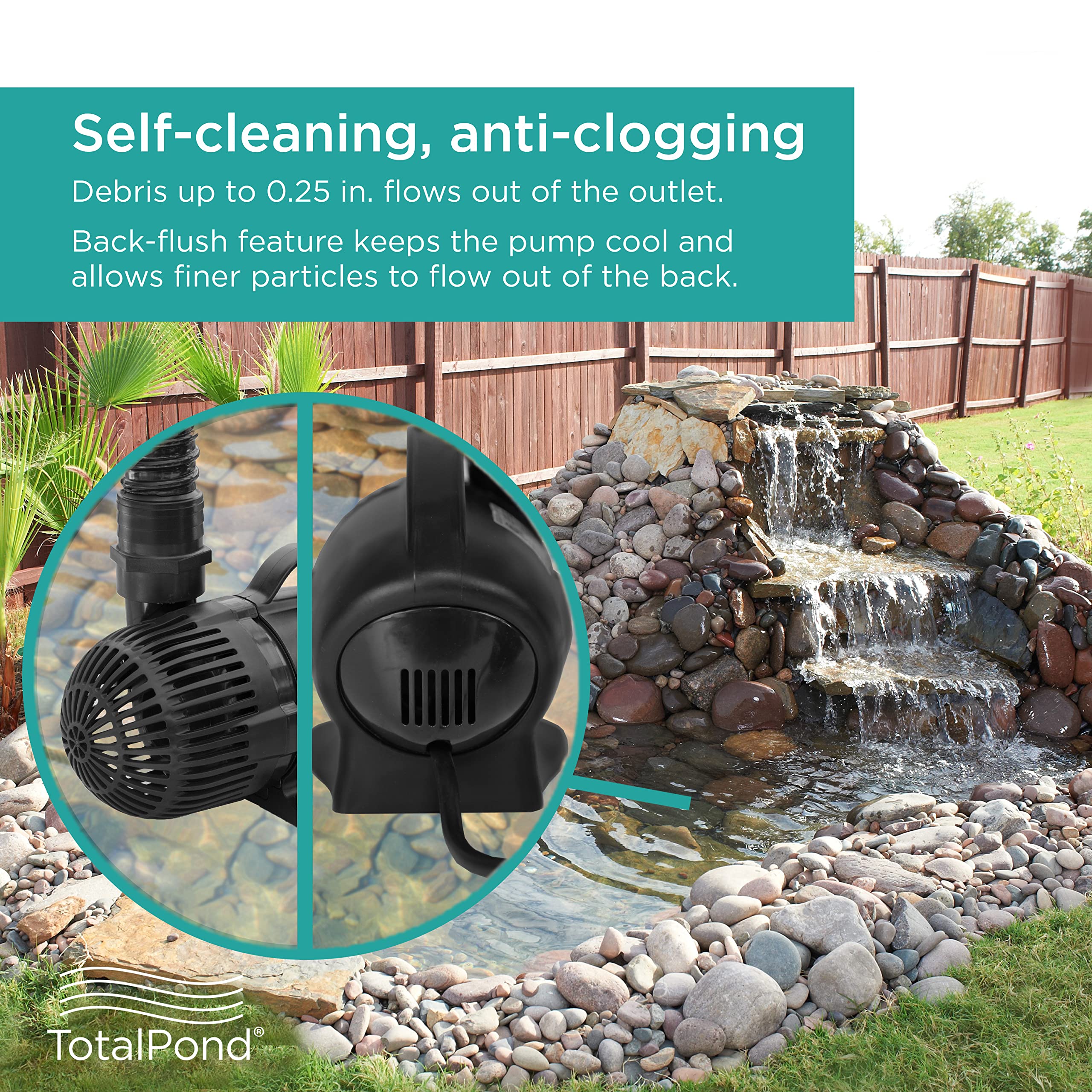 TotalPond pump installed behind waterfall demonstrating quiet operation