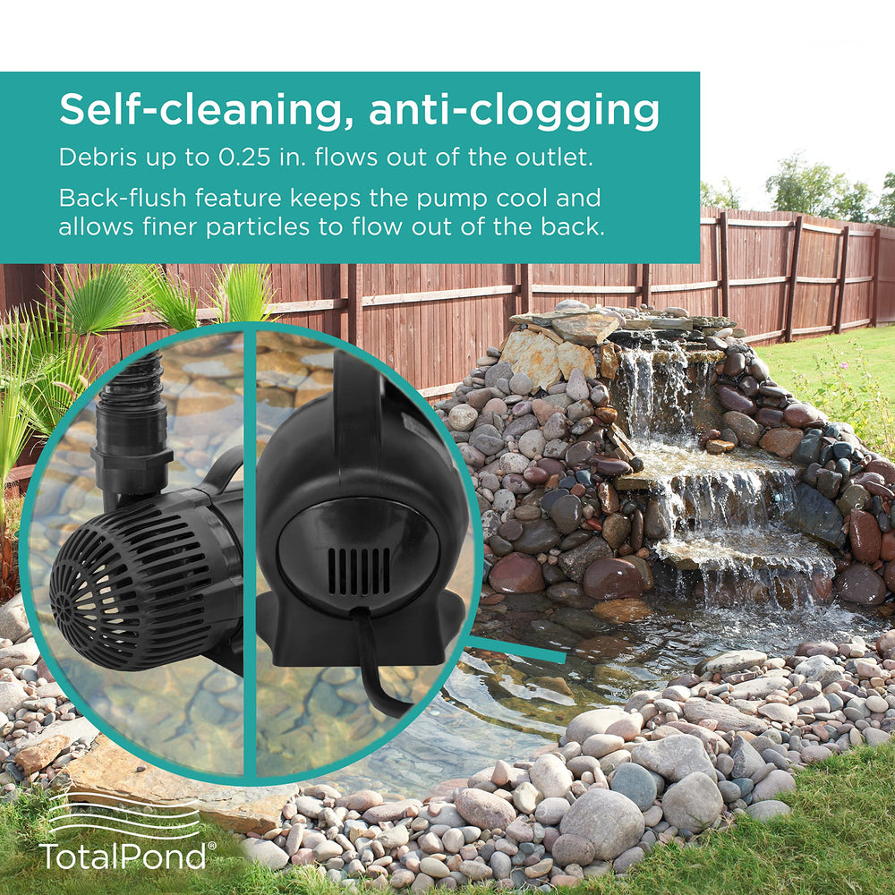 TotalPond pump installed behind waterfall demonstrating quiet operation