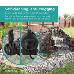 TotalPond pump installed behind waterfall demonstrating quiet operation