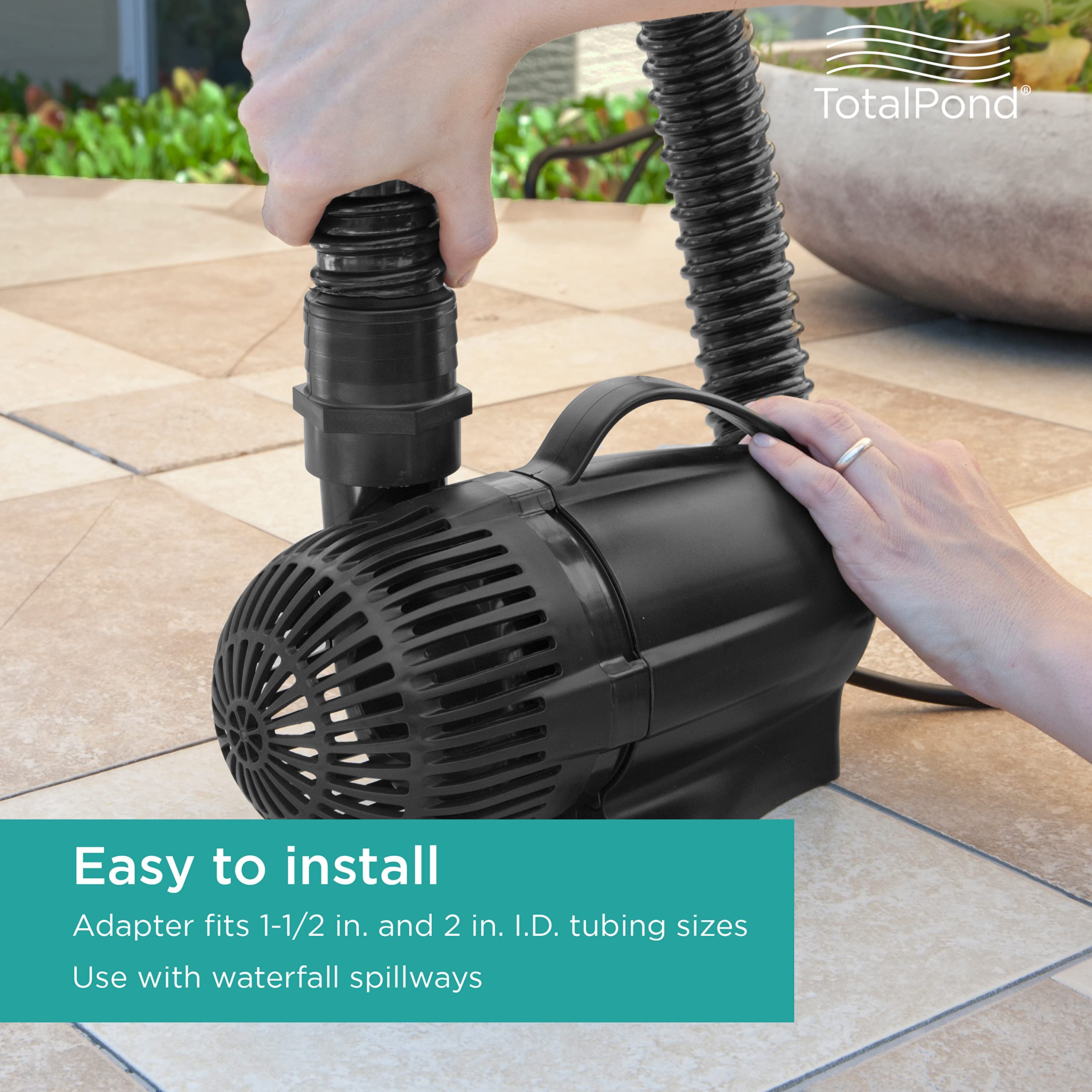TotalPond pump next to ruler showing compact size and easy placement