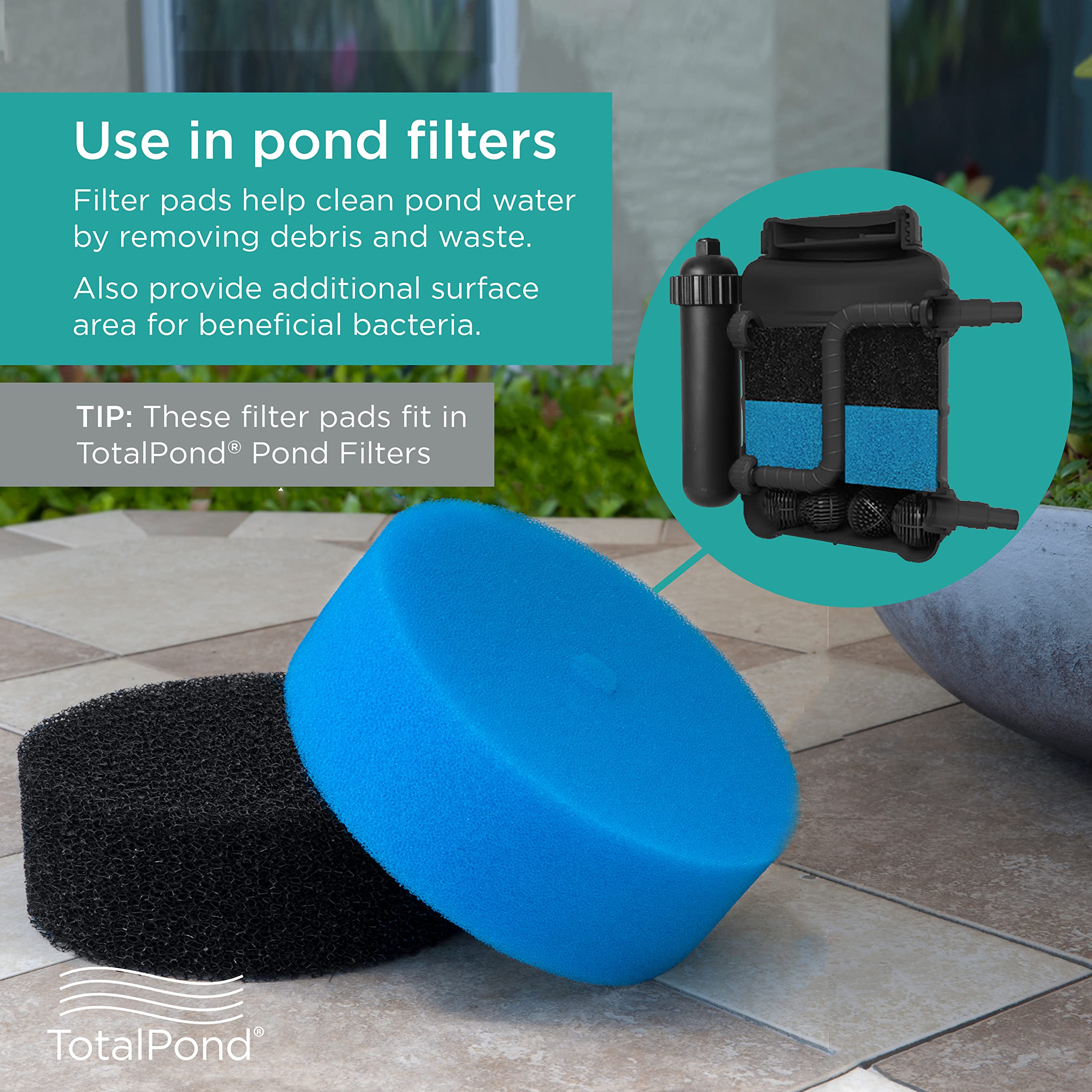 TotalPond in-use pond scene showing clear water after pad replacement