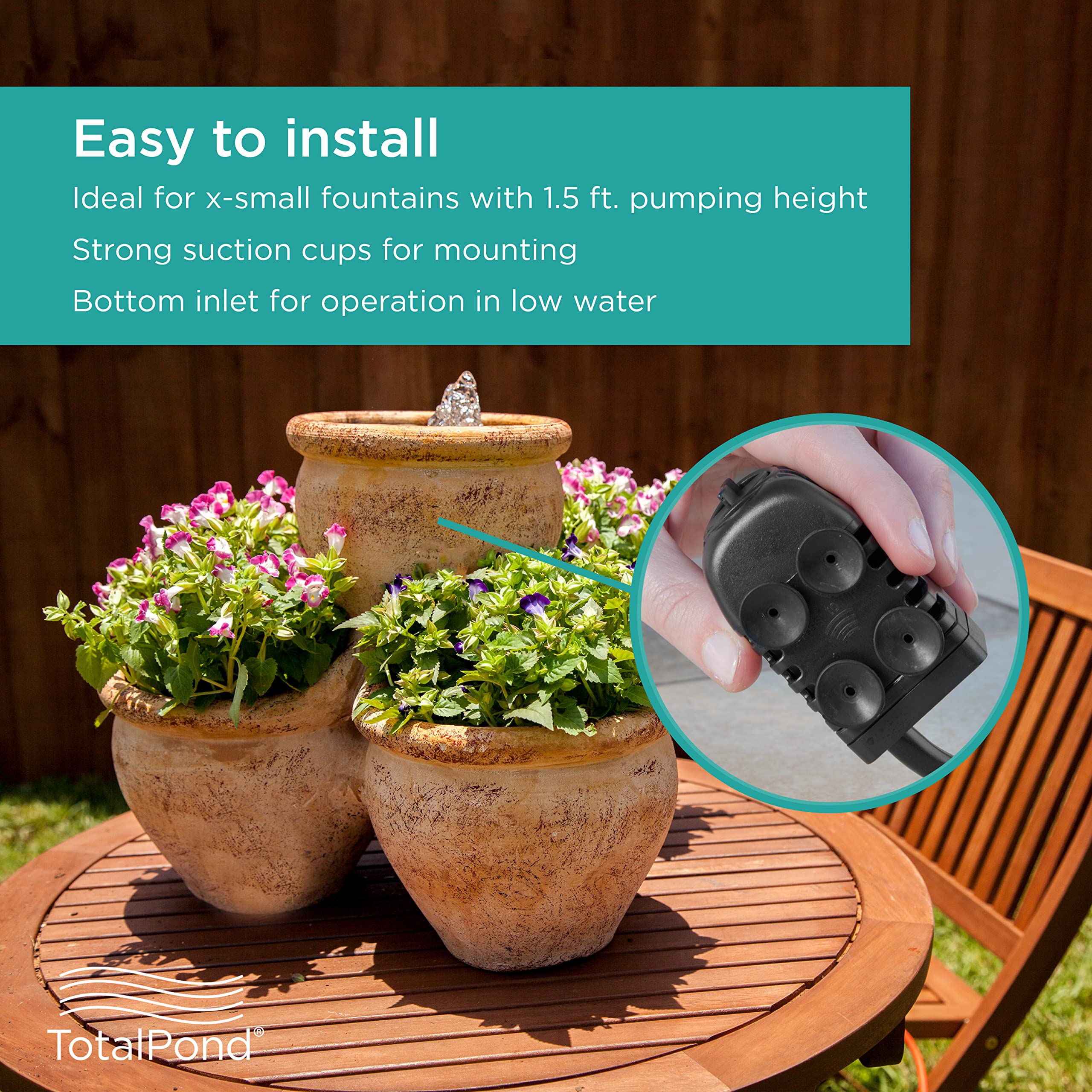 TotalPond pump installed with suction cups for stable vibration-free mounting