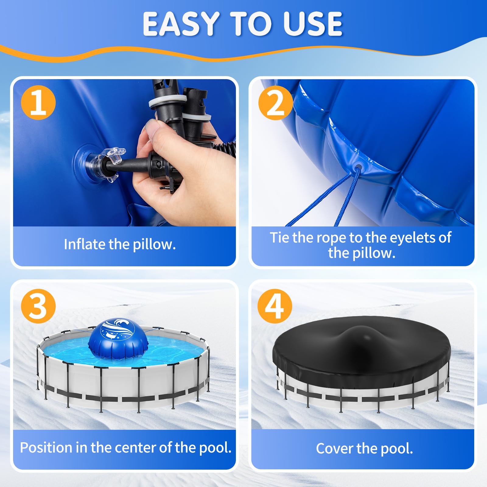 Totiro pillow installed under above-ground pool cover reducing sag and ice stress