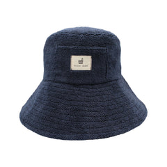 Totonoi Japan navy sauna hat front view showing fit and brim benefit