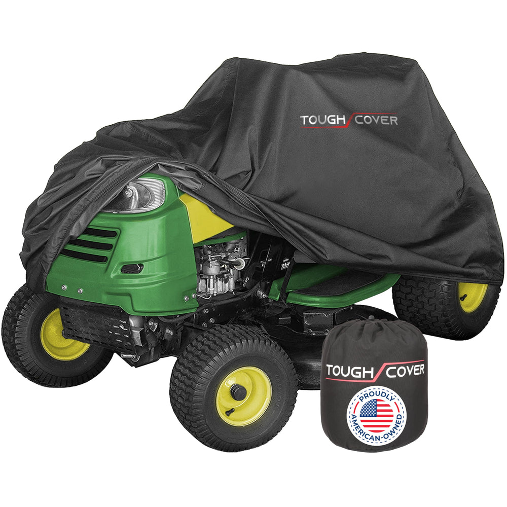 Tough Cover front view protecting a riding mower for reliable weather defense