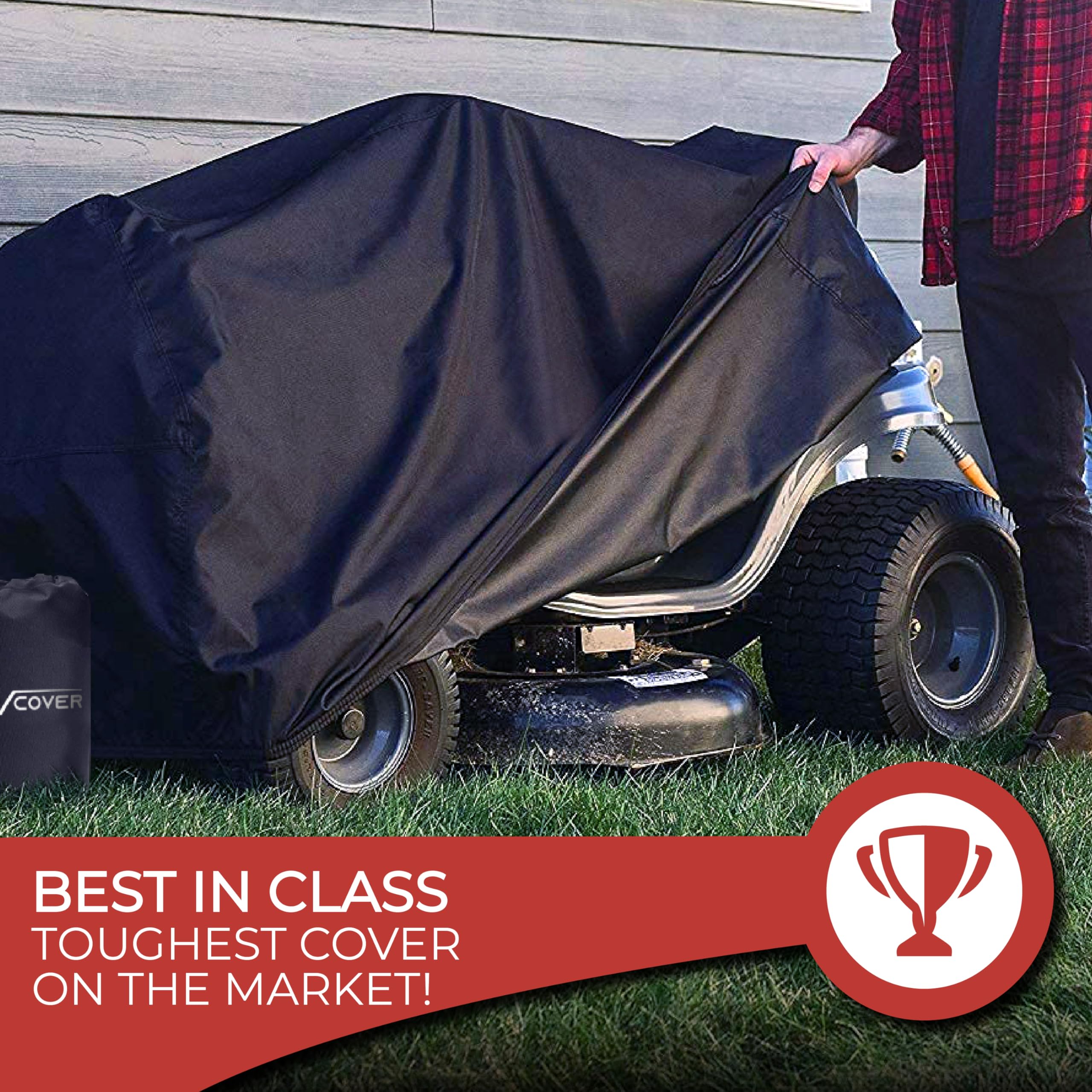 Tough Cover in garage lifestyle scene protecting mower from dust