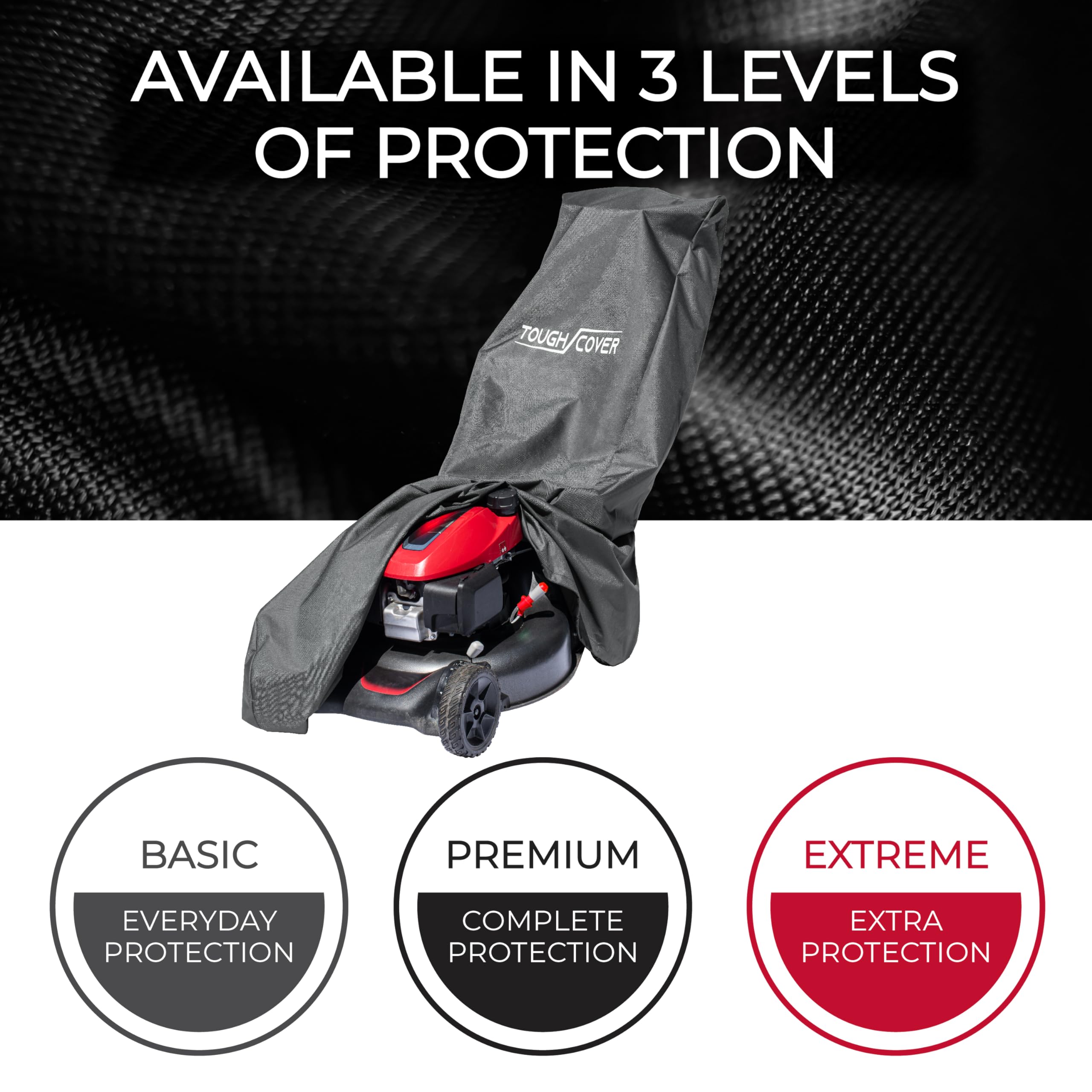Tough Cover fitted on a riding mower outdoors to protect from elements