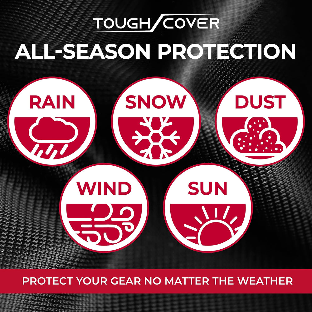 Tough Cover installed on zero-turn mower in driveway offering outdoor protection