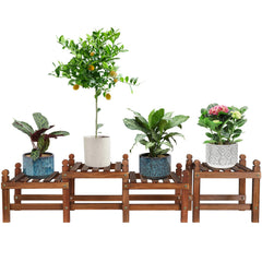 Tovacu front view of assembled plant stand showing compact footprint and rustic finish