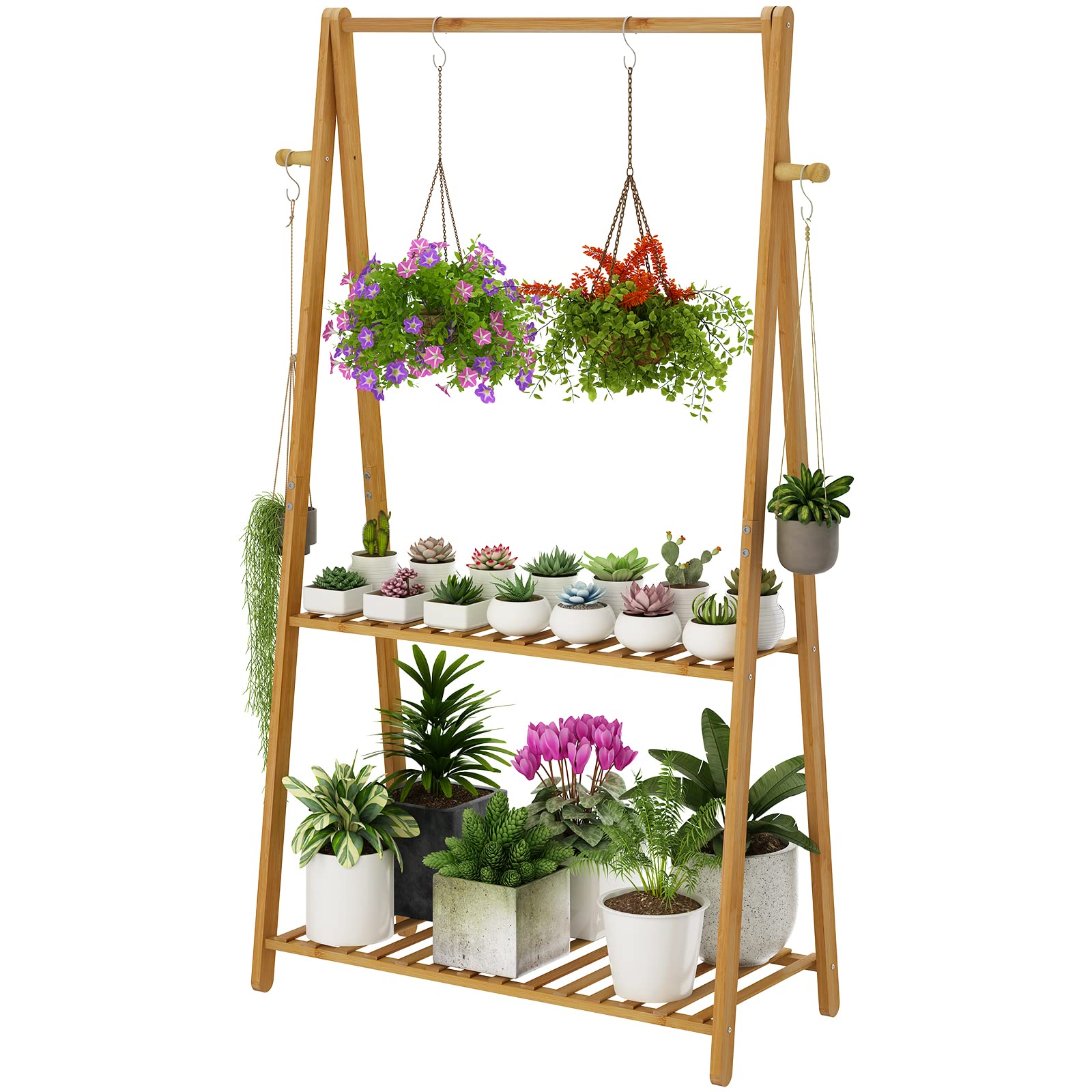 Tovacu front view showing full bamboo plant shelf for organized vertical display