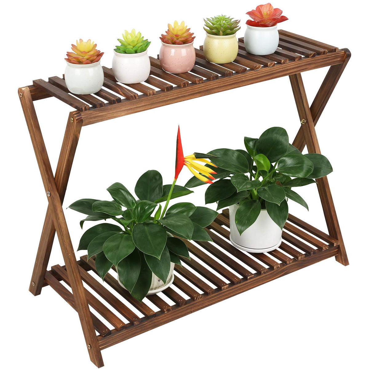 Tovacu front view of two-tier plant stand showing compact footprint and style benefit