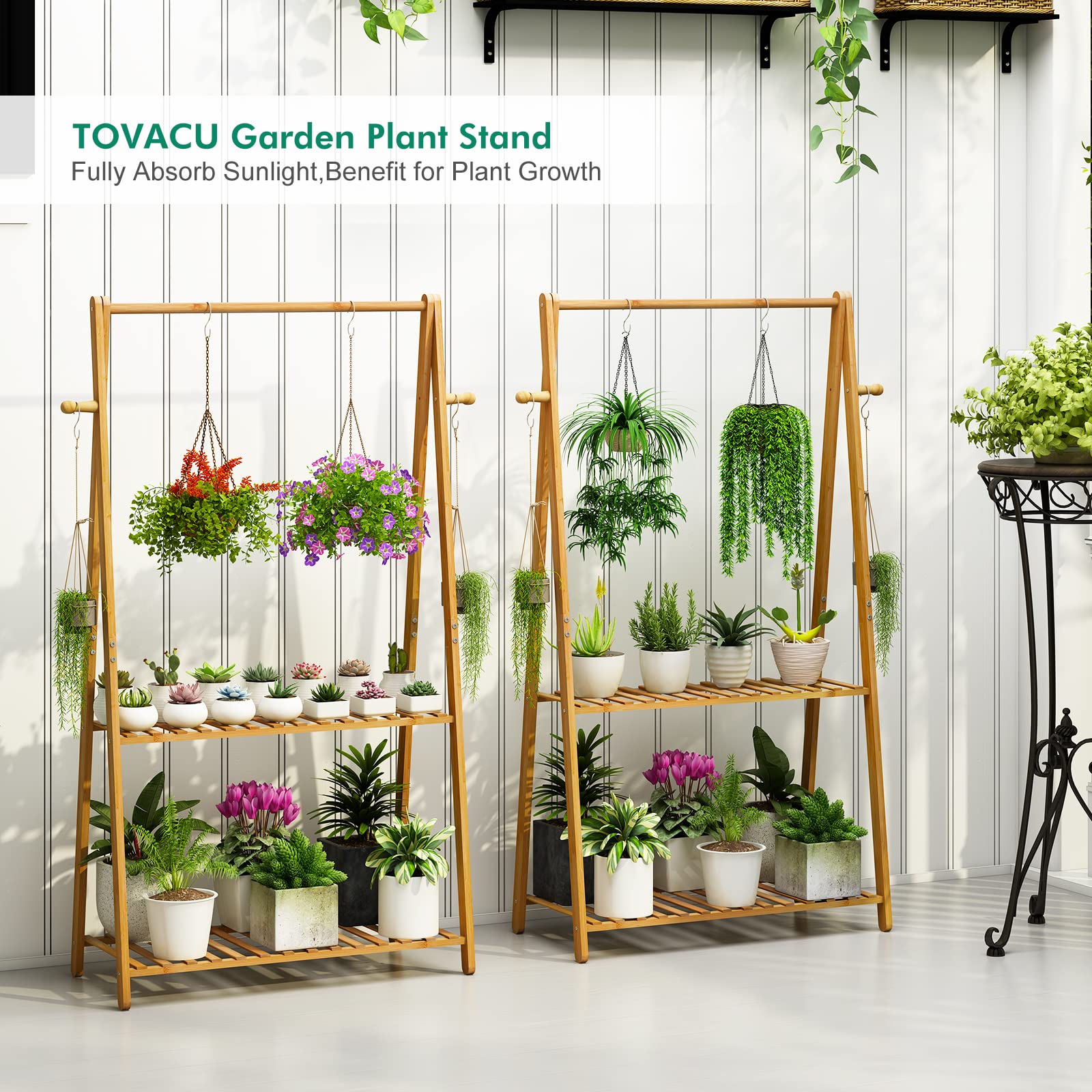 Tovacu side hooks holding gardening tools and baskets for easy access