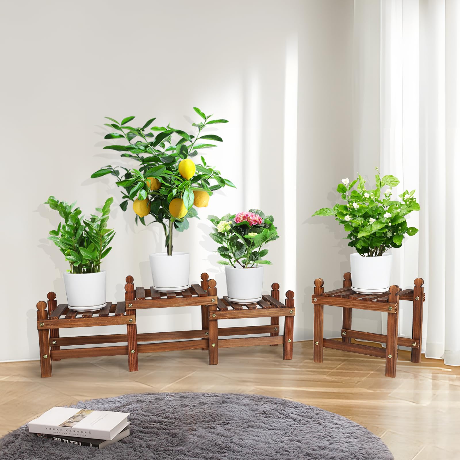Tovacu plant stand next to medium pots showing scale and multi-pot capacity