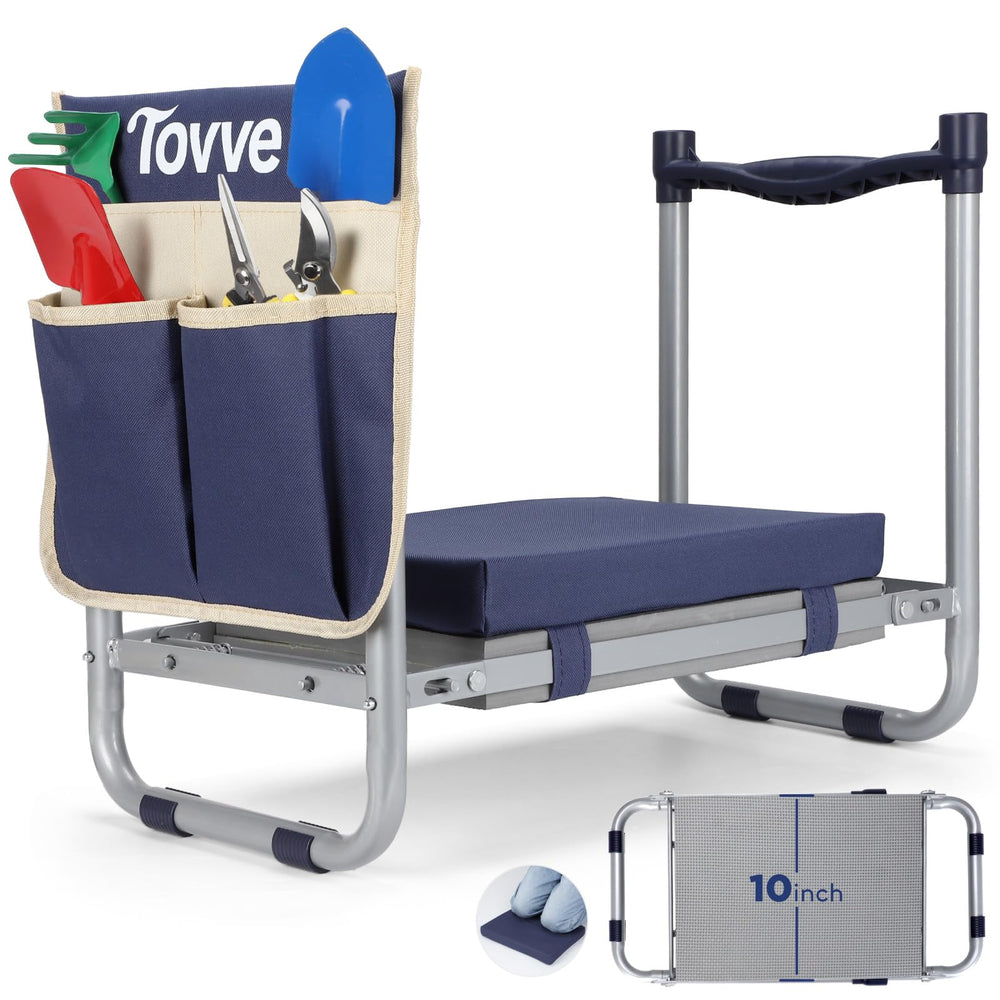 Tovve front view of the foldable garden seat showing sturdy frame and wide pad for comfortable gardening