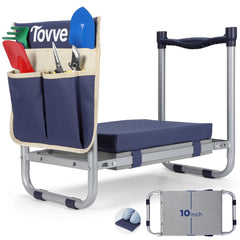 Tovve front view of the foldable garden seat showing sturdy frame and wide pad for comfortable gardening