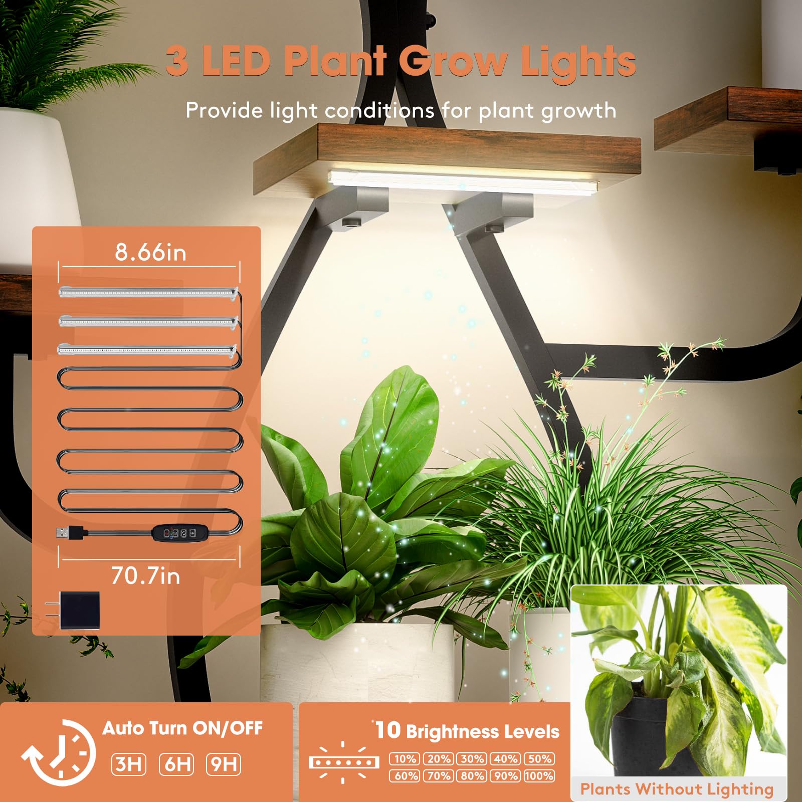 Tovve three-head grow light detail showing adjustable illumination for plants