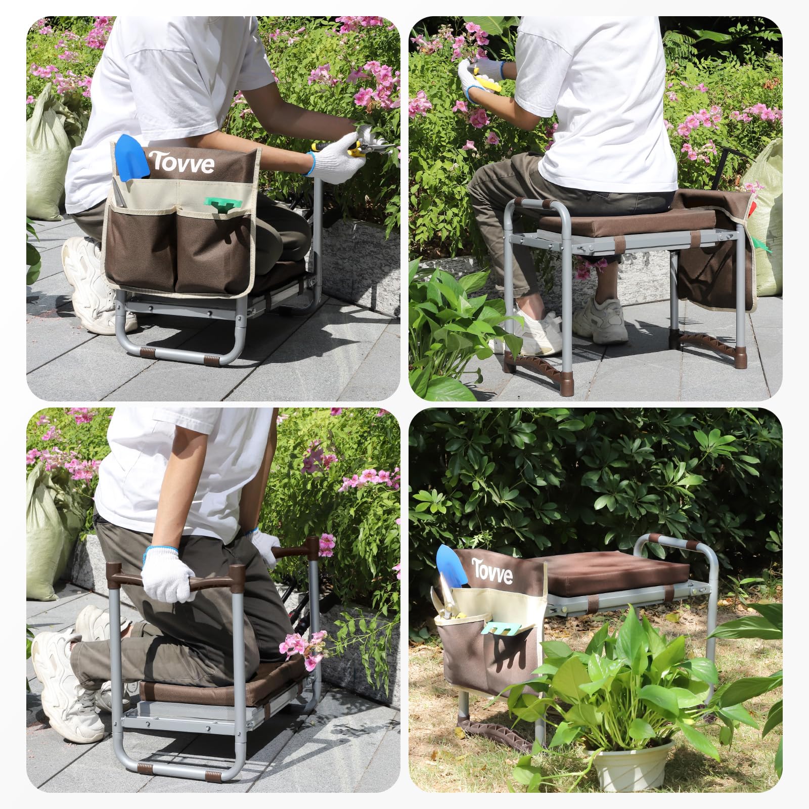 Tovve in use by senior gardener offering secure seating and safer bending