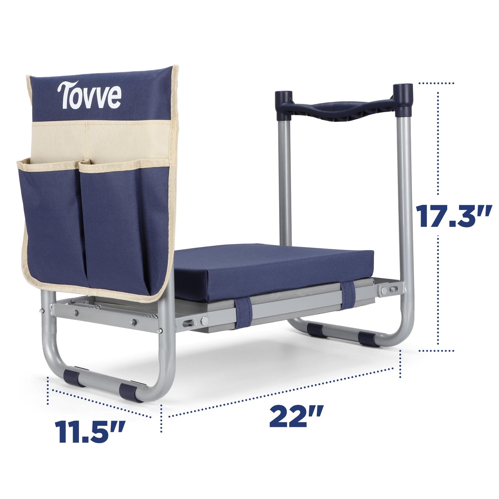 Tovve kneeler next to watering can for scale, showing compact size and portability benefit