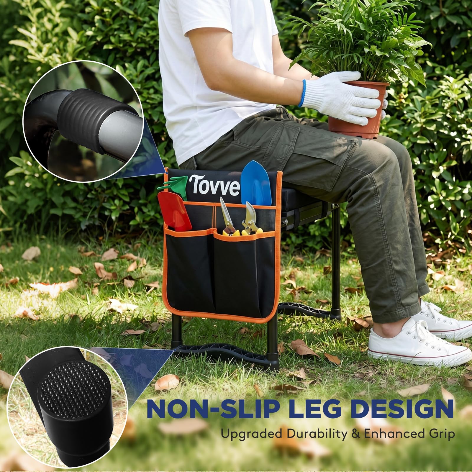 Tovve garden seat in use reducing bending while pruning plants
