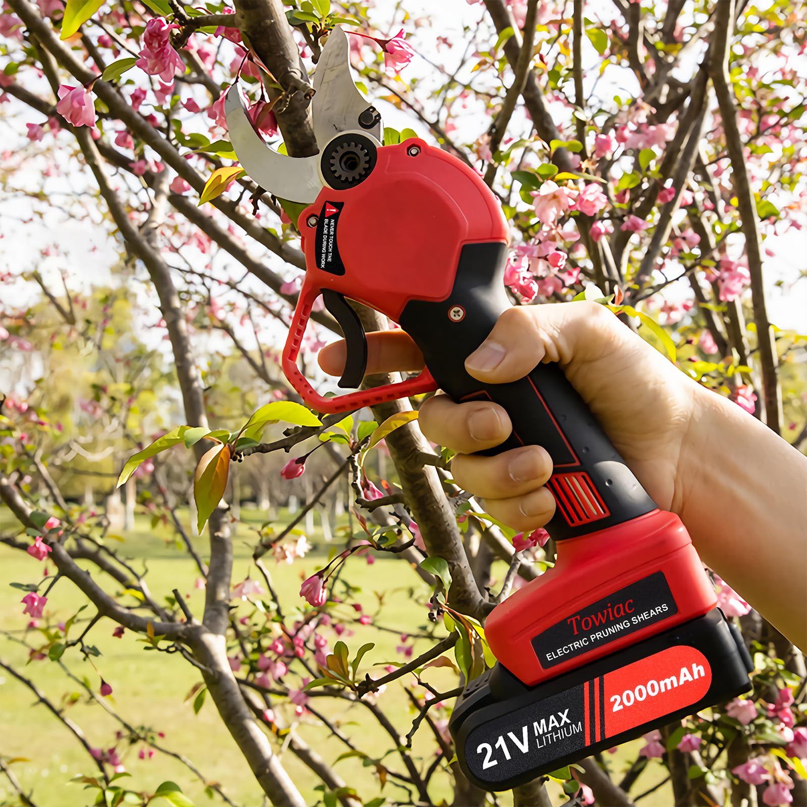 Towiac in a garden setting pruning fruit tree showing efficient professional use